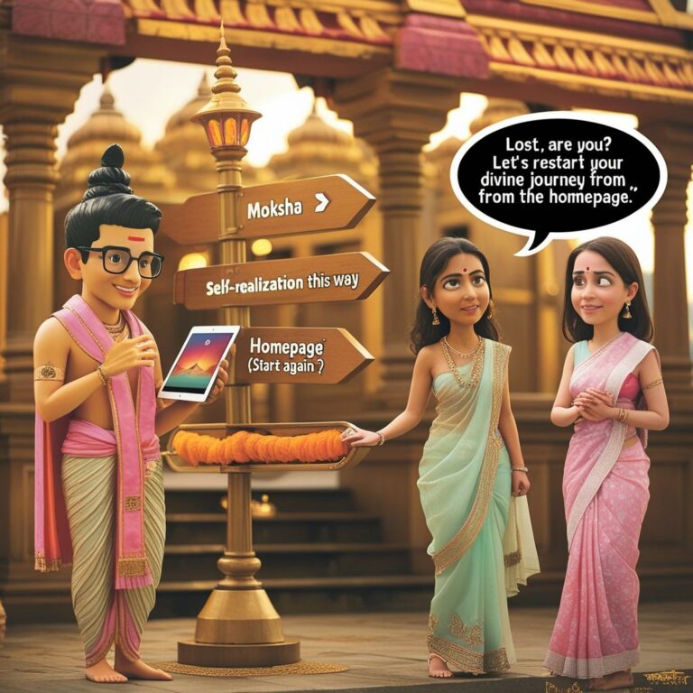 A warm respectfully humorous 404 page illustration in a horizontal aspect ratio. The scene features a peaceful outdoor setting perhaps near a temple gate or a forest path. A young modern looking pandit Hindu priest is standing at a 3 768x768