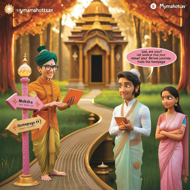 A warm respectfully humorous 404 page illustration in a horizontal aspect ratio. The scene features a peaceful outdoor setting perhaps near a temple gate or a forest path. A young modern looking pandit Hindu priest is standing at a 6 1 768x768